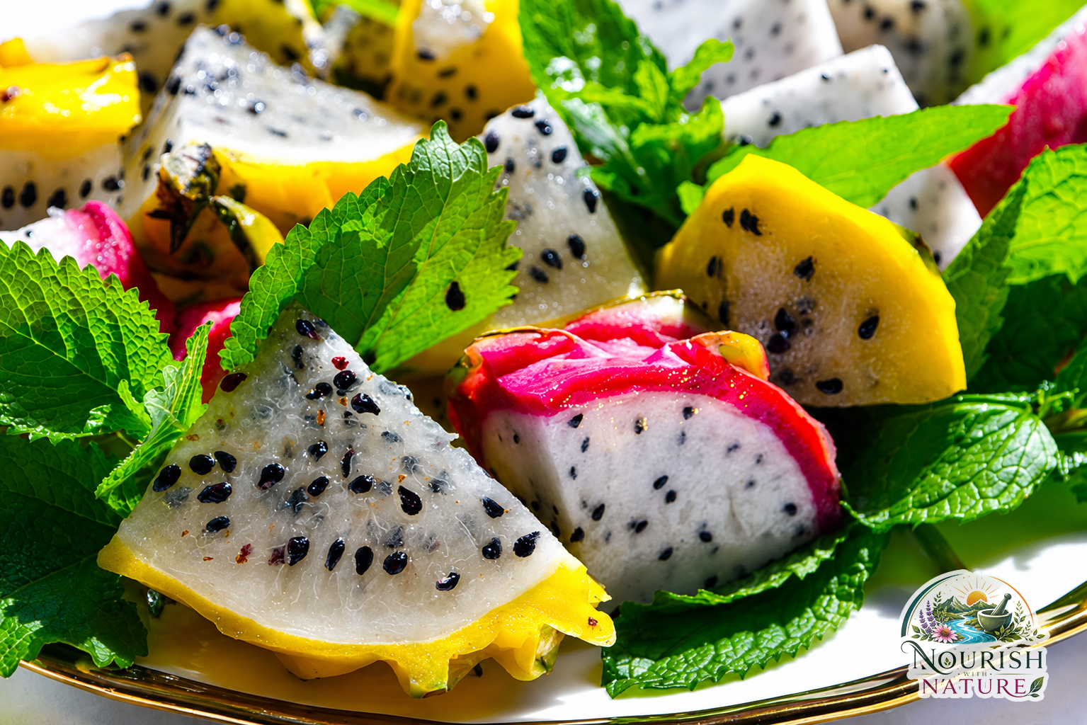 Fresh dragon fruit and mint